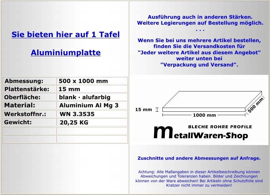 Aluminium Platte 500 x 1000 x 15 mm Aluminiumblech /739