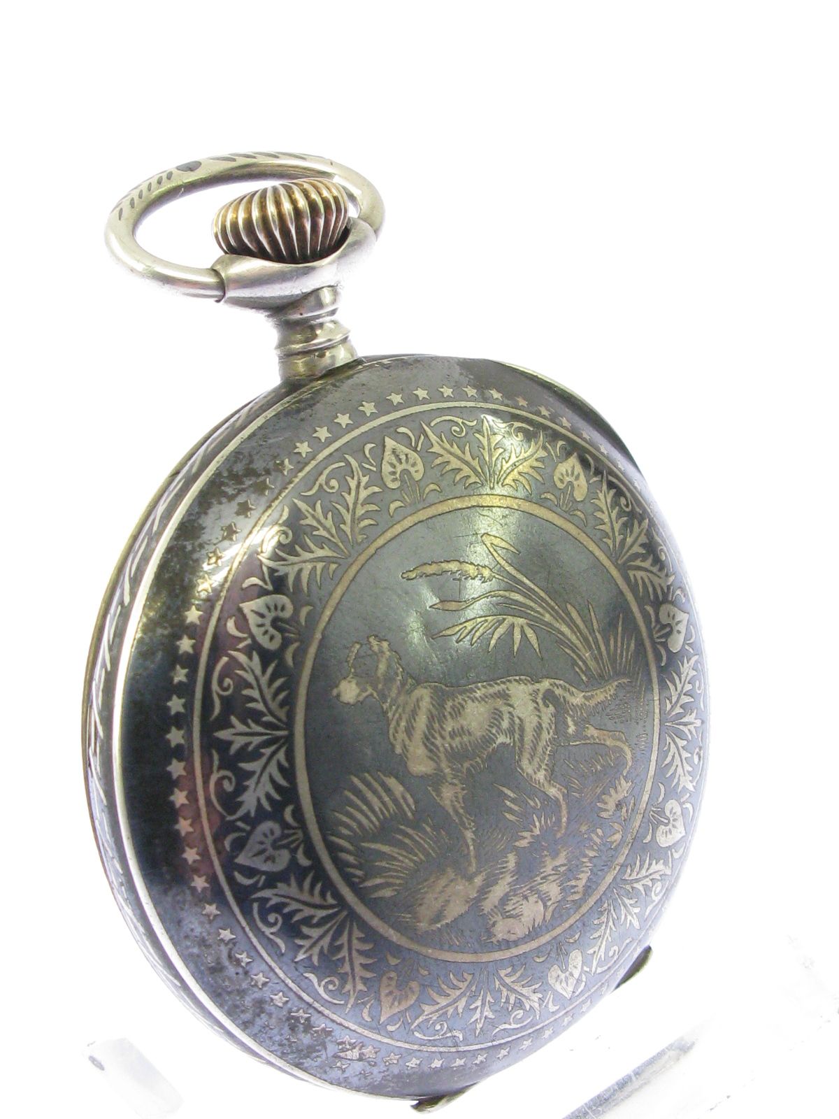 TULASILBER TASCHENUHR MIT JAGDMOTIV UM 1900