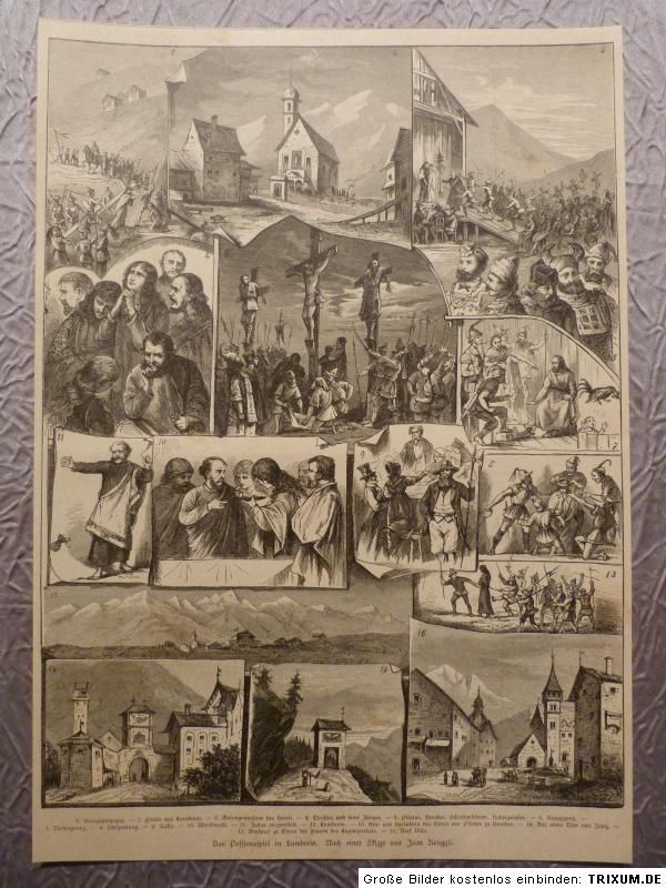 Das Passionsspiel in Lumbrein, orig. Holzstich 1882, Xylographie