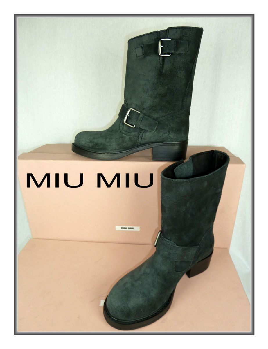 MIU MIU by Prada Gr.37 Stiefelette Biker Stil Veloursleder Schwarz