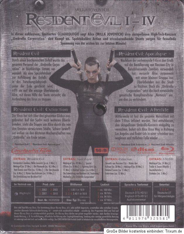 Resident Evil 1,2,3,4 limitierte Quadrologie 3D NEU, Steelbook, Uncut