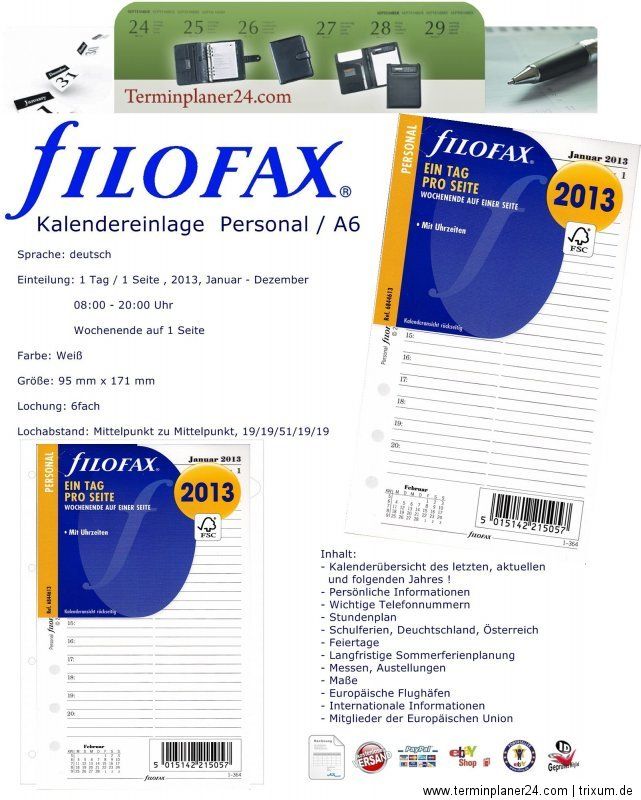 A6 FILOFAX PERSONAL Kalendarium 2013 Kalender Einlage   6 Varianten