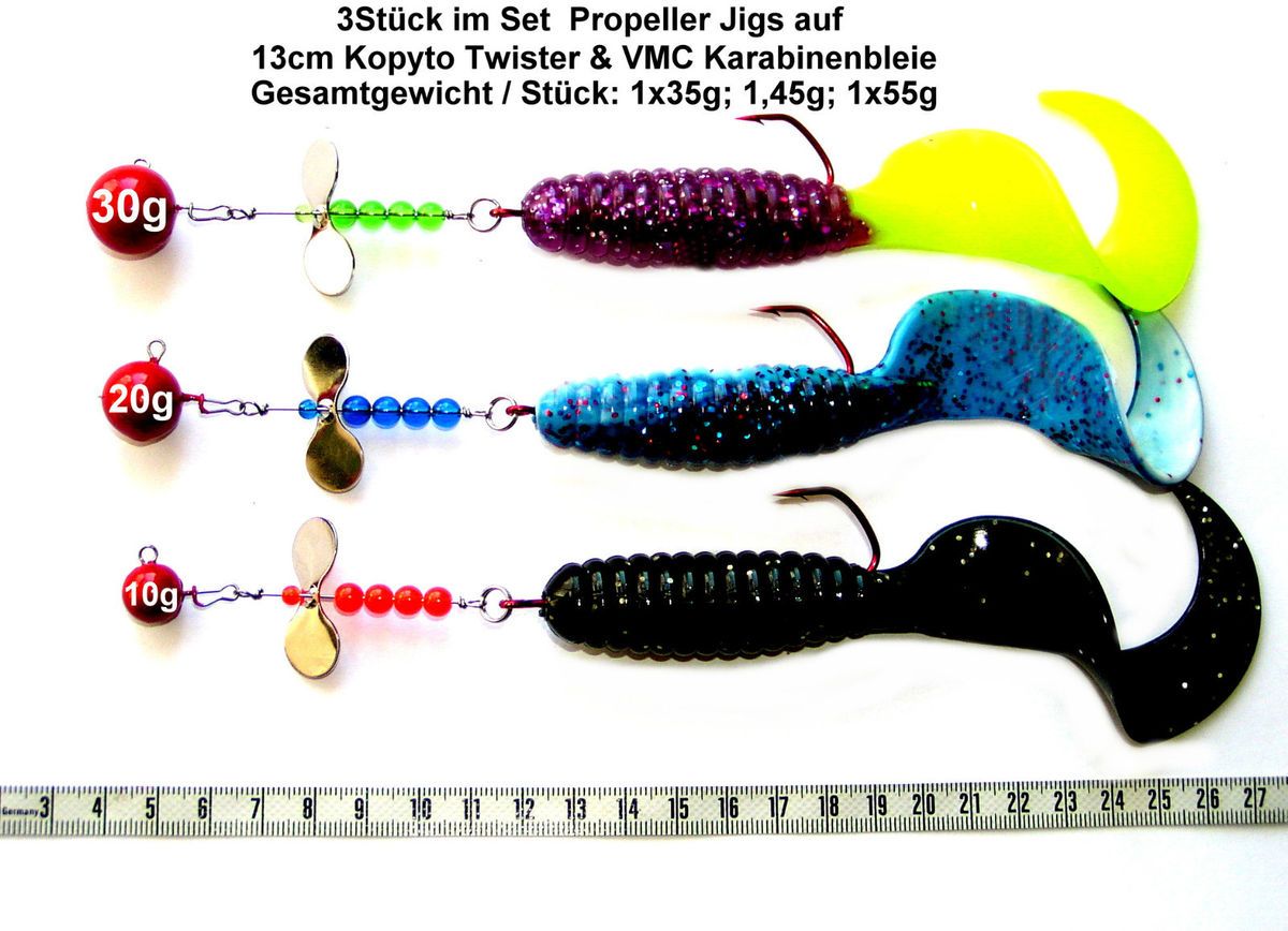 3Stueck im Set Propeller Jigs 13cm Kopyto Twister Karabinenbleie