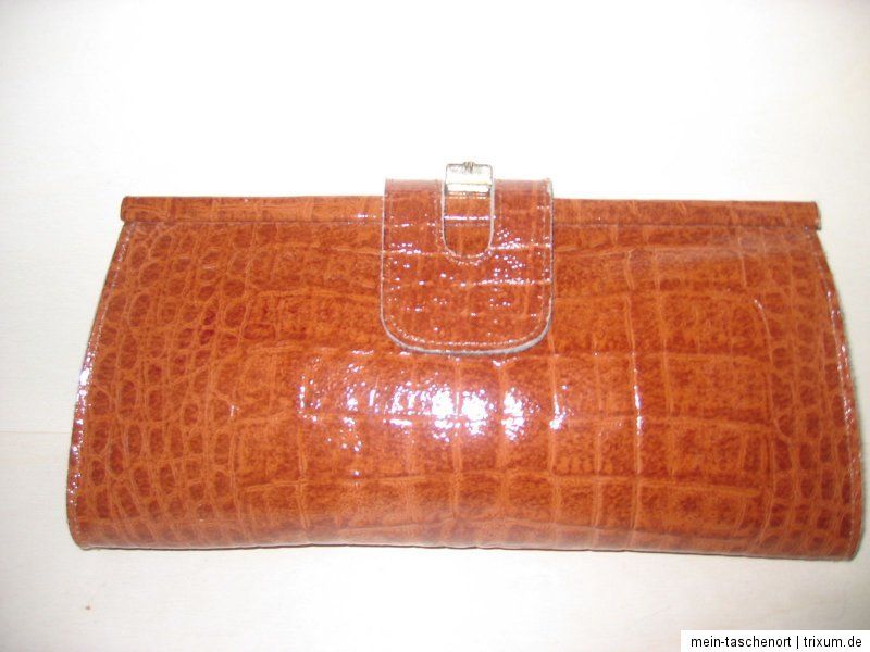 Handtasche Tasche Clutch Pochette Cognac Braun Gold Kroko Prägung