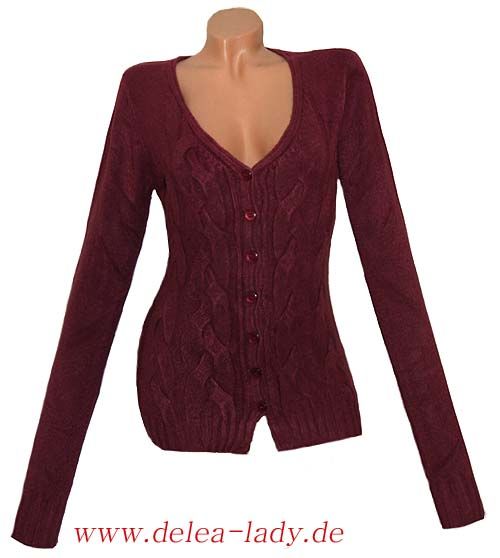 Strickjacke Cardigan Edel Zopfmuster Wolle/Cashmere bordeaux Gr. 40/42